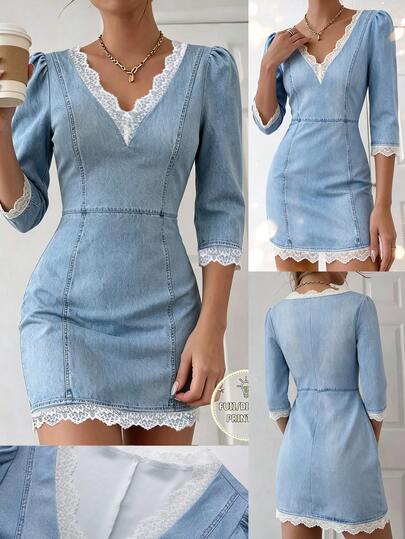 SHEIN Đầm mini ôm sát nữ mùa hè màu xanh nhạt, cổ chữ V, phối ren, tay lỡ 3/4, chiết eo, chất vải mềm