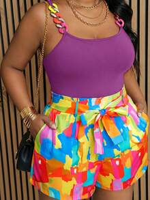 Slaydiva 大尺碼女款休閒度假修身無袖細肩帶對比色幾何圖案背心短褲套裝，Pride Month 彩虹系列 Rainbow-Z - 淡紫色 - 查看 1