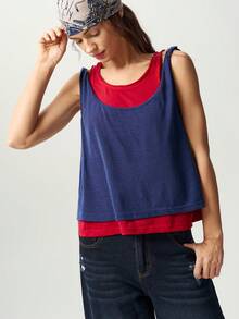 Bohemela Casual Knit Colorblock 2 In 1 Women's Tank Top Everyday Navy Blue Red Summer - Multicolor - View 5