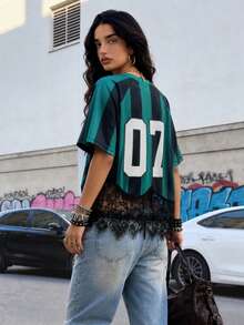 Muchica Teal Striped Lace Patchwork Digital Print Raglan Sleeve Women's T-Shirt Going Out Summer Streetwear - Multicolor - View 2