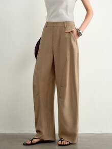 Aalyst Women's Autumn French Chic Elegant Minimalist Casual Bohemian Vacation Office Work Solid Color Twill Curved Leg Pants With Pockets Khaki - Brown - View 5