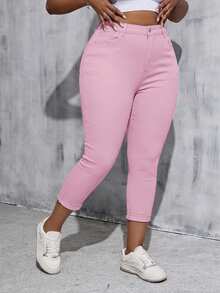 SHEIN Tall CURVE 女款大尺碼白色丹寧彈性緊身九分褲 - 粉色 - 查看 3