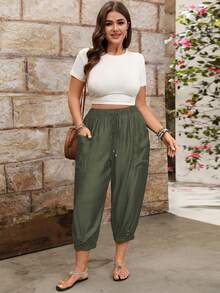 EMERY ROSE Casual Cuffed Pants With Drawstring Adjustable Waist And Side Patch Pockets, Plus Size Fall - Army Green - View 5