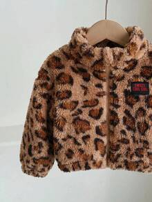 SHEIN LMoss Kids LMoss 女嬰可愛休閒毛絨立領夾克豹紋棕色冬季保暖舒適蓬鬆百搭街頭風秋季外套拉鍊式 - 彩色 - 查看 5