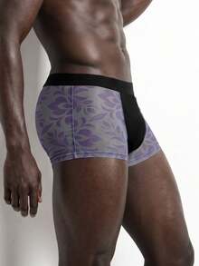 Rest Era Men's Boxer Briefs Purple Floral Sheer Mesh See-Through Underwear, Sexy Semi-Transparent Intimate Boxer Briefs - Mauve Purple - View 3