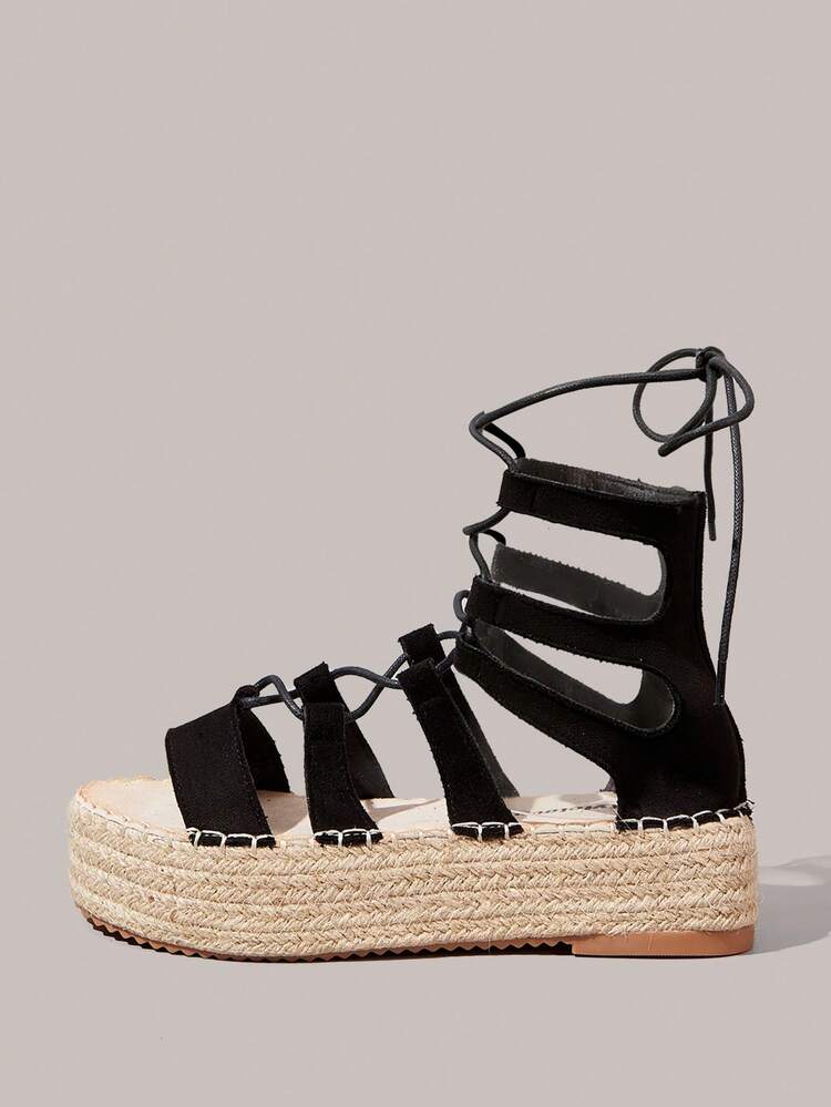 Styleloop Sandalias de plataforma con tacón de cuerda de cáñamo, de franela negra con cordones, estilo bohemio para vacaciones, adecuadas para festivales de música y fiestas - Negro Profundo - Añade 3