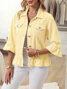 EMERY ROSE Chaqueta vaquera casual de uso diario de un solo pecho de color liso para mujer de talla grande - Amarillo - Ver 3