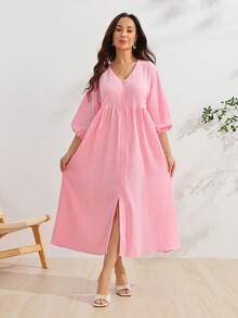 SHEIN 孕婦粉色長洋裝，100%純棉，寬鬆舒適居家服 - 粉色 - 查看 3