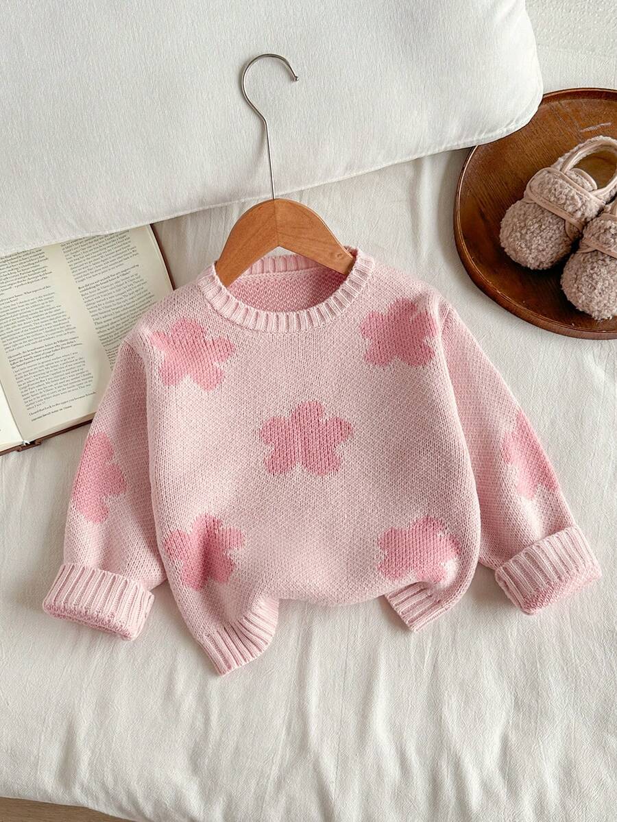 Long-Sleeved Sweater With Flower Patterns Is Soft And Comfortable. Girls Clothes - Pink - View 1