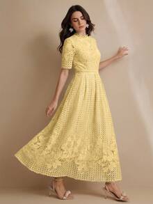 Anewsta Elegant Solid Color Hollow Lace Placement Flower Short Sleeve High-Low Hem Sophisticated Quality Flattering Women Long Dress - Yellow - View 1