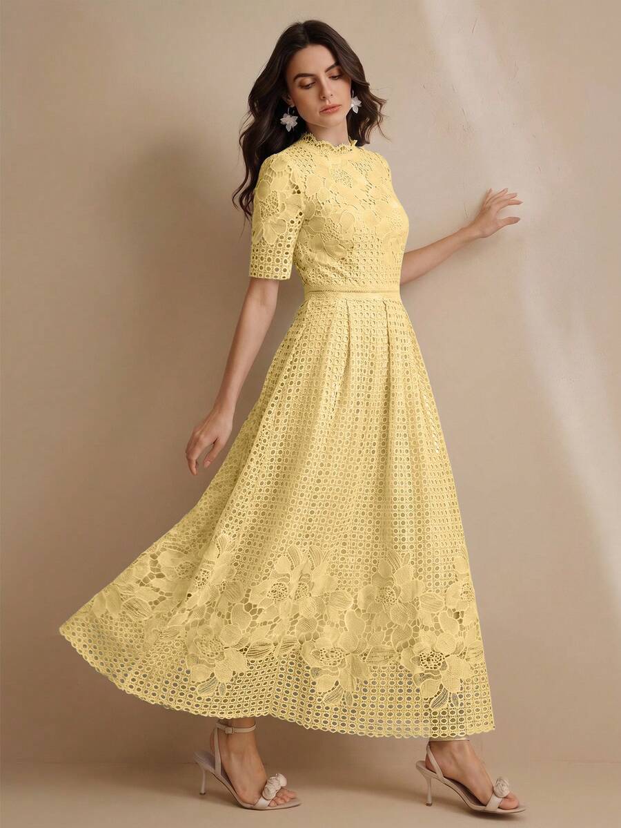 Anewsta Elegant Solid Color Hollow Lace Placement Flower Short Sleeve High-Low Hem Sophisticated Quality Flattering Women Long Dress - Yellow - View 1