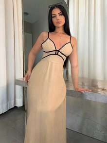 Vassilux 女款度假對比色性感細肩帶洋裝，夏季優雅女裝 - 杏色 - 查看 1