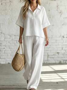 Livesso Women's 2 Pieces Set With Collared Short Sleeve White Loose Linen Fabric Vacation Style Top And Wide Leg Pants Summer Lounge Sets For Women - White - View 4