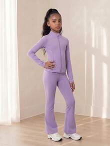 SHEIN Tween Girls Purple Autumn Atletic Pilates Yoga Sports Jacket & Flared Pants Set,Comfortable Elastic Stretch Fashion Cycling Tennis Gym Hiking Campus - Mauve Purple - View 3