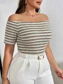 Shapeblank Plus Size Women's Spring And Summer New Fashion Casual Vacation One-Shoulder Striped Short-Sleeved Tight T-Shirt - Beige - View 7