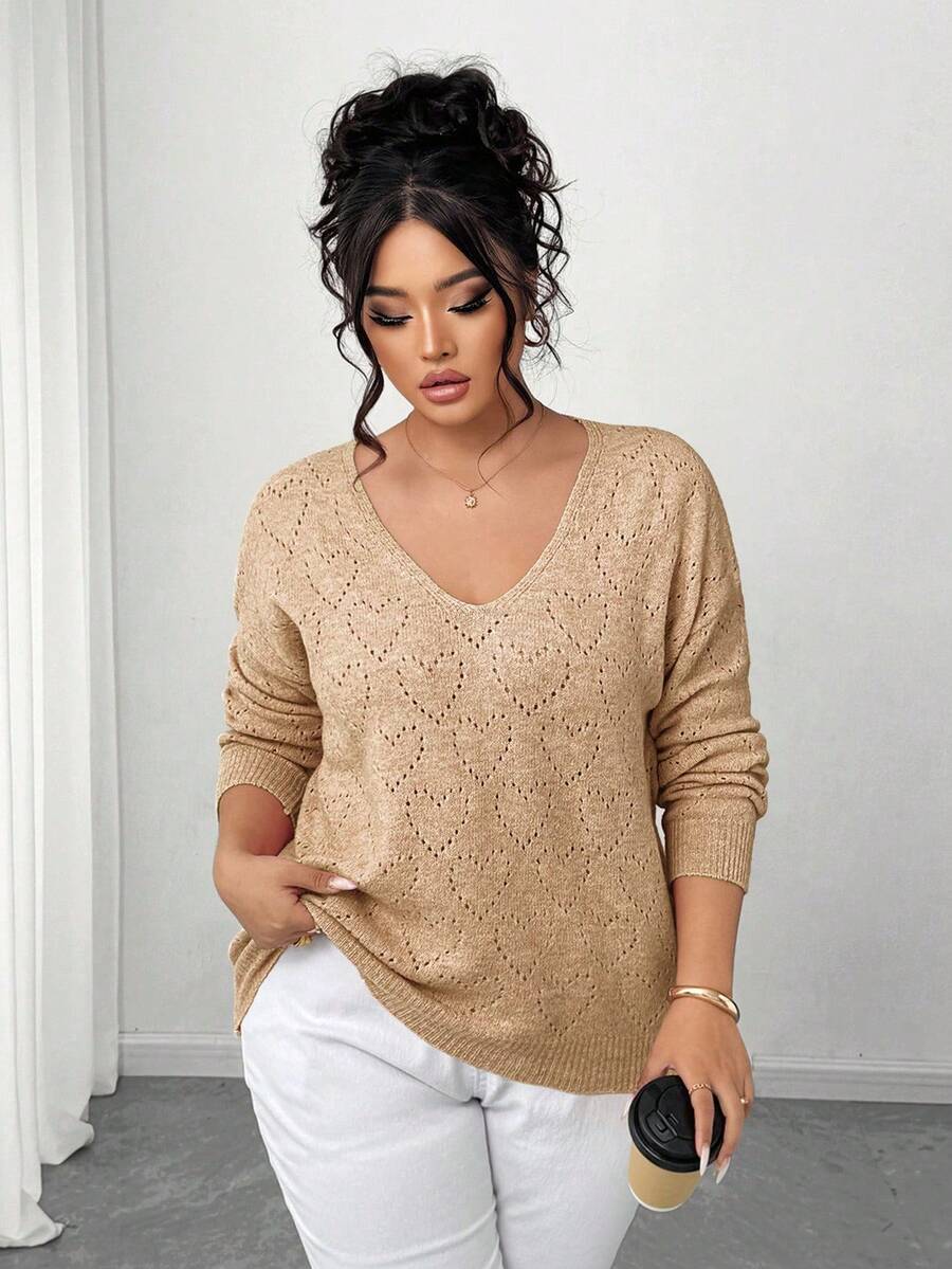 Elenzga Plus Size Women's Spring/Autumn Semi-Sheer Hollow-Out Round Neck Loose Drop Shoulder Casual Knit Top, Heart Pattern Hollow-Out Pullover Sweater For Daily Wear - Camel - View 1