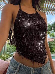 SHEIN Glamour 性感巧克力棕色流蘇亮片掛脖短版上衣，露背繫帶修身 Y2K Baddie 風格，閃亮女款，適合泳池派對、夜店、生日、海灘、夜晚外出 - 棕色 - 查看 5