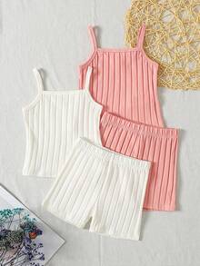 SHEIN 女童小女孩春夏細肩帶背心上衣與短褲套裝 2 件組 純色/多色內著套裝 全季節適用 - 彩色 - 查看 5