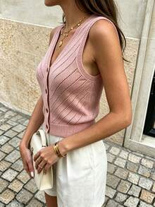 EMERY ROSE Casual Versatile Sleeveless Pink Thin Cardigan - Pink - View 3