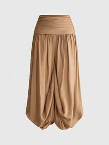 ROMWE Y2K Early Autumn Caramel Color Oversized Waist Cinched Ruched Women's Long Pants - Khaki - View 4