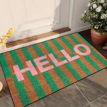 1pc Brown And Green Striped Hello Welcome Door Mat, Crystalline Velvet Polyester Material, Lightweight And Simple, All-Season Entry Mat, Machine Washable, Suitable For Kitchen, Dining Room, Corridor, Bathroom, - multicolor - View 6
