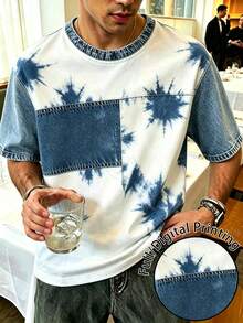 Manfinity Dauomo Men's Fashionable Casual Drop-Shoulder Crew Neck Printed T-Shirt, Faux Denim T-Shirt, Tie-Dye T-Shir - Multicolor - View 1