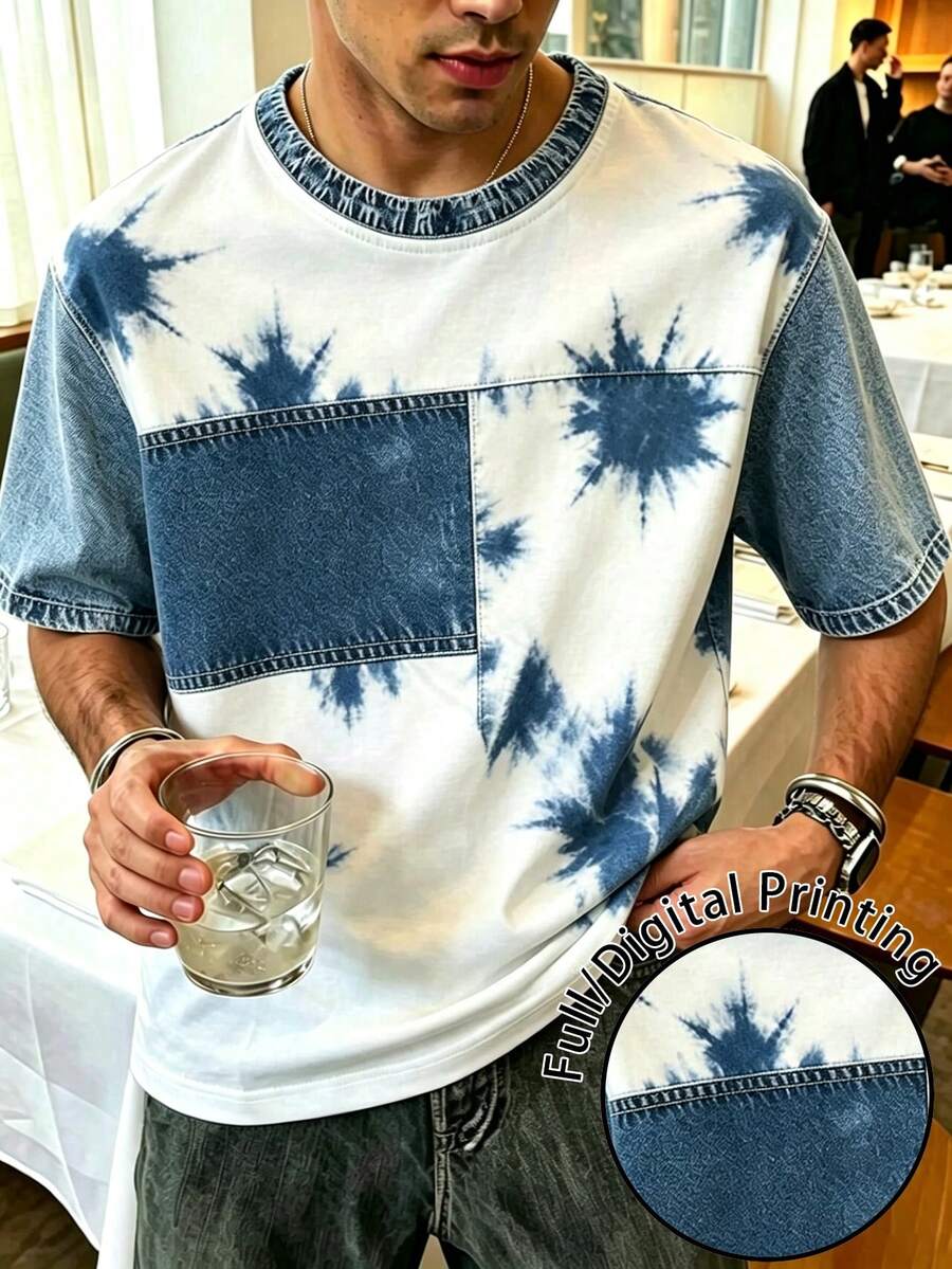 Manfinity Dauomo Men's Fashionable Casual Drop-Shoulder Crew Neck Printed T-Shirt, Faux Denim T-Shirt, Tie-Dye T-Shir - Multicolor - View 1