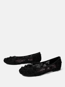 CUCCOO HITCHD Three-Dimensional Rose Lace Round Toe Flats, Gentle Style Mesh Yarn Low Vamp Shoes, Commuting Dating Bridesmaids Breathable Women's Shoes - Black - View 3