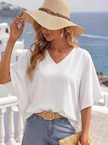 EMERY ROSE Solid Color V-Neck Batwing Sleeve Summer Casual Plus Size Shirt, 3/4 Sleeve Top, Plus Size Shirt - White - View 5