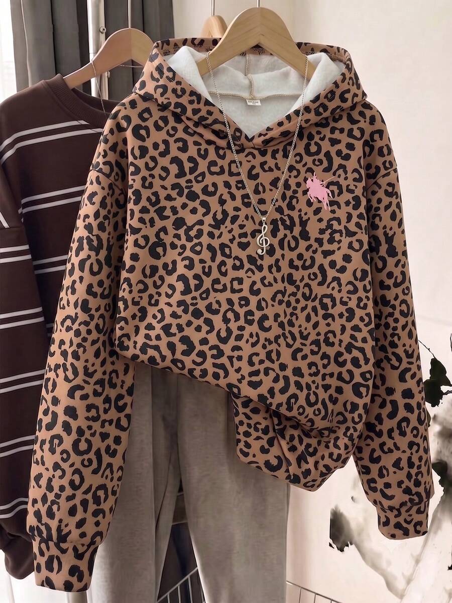 女童美式時尚豹紋連帽衛衣,適合春秋休閒穿著,街頭甜酷風,百搭時尚連帽衛衣 - 彩色 - 查看 1