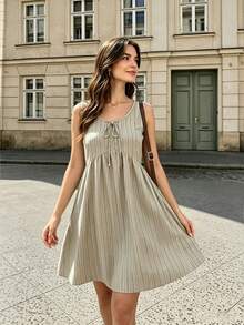 EMERY ROSE Round Neck Bow Decor White Loose Sleeveless Women's Short Dress Vacation Summer Boho - Multicolor - View 4