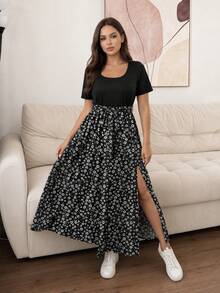SHEIN Frenchy 撞色碎花大码女式短袖连衣裙 - 彩色 - 查看 1