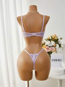 Esselle 2件套玫瑰红蕾丝拼接内衣套装，成熟性感 - 淡紫色 - 查看 2