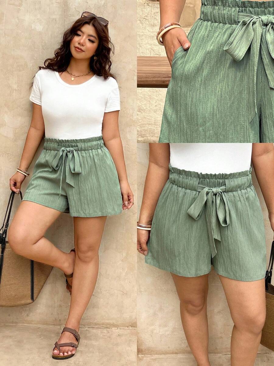 SHEIN Frenchy Plus-Size Casual Traditional Bohemian Sage Green Drawstring Shorts With Pockets Loose Beach Vacation Style Summer - Mint Green - View 1