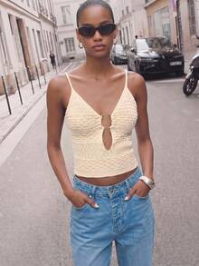 Maija Women's Pale Yellow V-Neck Front Ring Textured Knit Camisole, Minimalist French Fashion Cropped Off-Shoulder Cute Casual Vacation Summer Top - Apricot - View 1