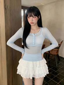 Sweetina 女款修身透視仿針織上衣 - 淺藍色 - 查看 1