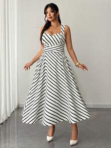Elenzga Black And White Contrasting Striped Square Neck Knitted Waist Strap Elegant Party Daily Dress - Black and White - View 4
