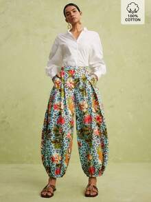 LOTSLUV 女款淺藍色花卉寬鬆高腰繫帶錐腳長褲，夏威夷可愛南方豹紋印花，波希米亞休閒夏季通勤度假沙灘風 - 彩色 - 查看 6