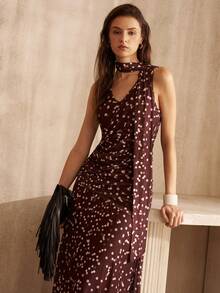 MOTF PREMIUM Vestido largo sin mangas con cuello en V y estampado de lunares para mujer, estilo de moda para ir al trabajo - Café - Ver 7
