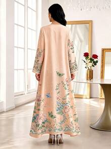 SHEIN Najma 蝴蝶花卉印花淡粉色女款時尚V領長袖洋裝，優雅阿拉伯風春夏季長版大碼長裙 - 彩色 - 查看 2