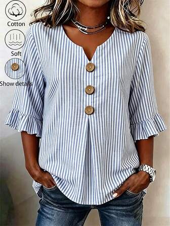 EMERY ROSE Plus Size Women's V-Neck Button Decor Mid-Sleeve Blue Striped Shirt, Ladies Summer Top, Vacation Blouse, Striped Tee, Casual Beach Top