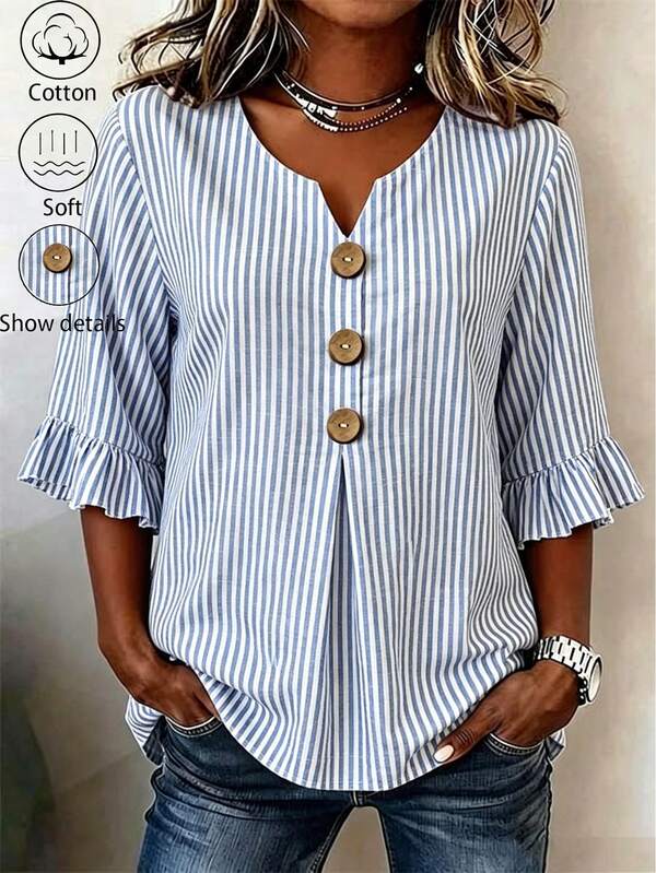 EMERY ROSE Plus Size Women's V-Neck Button Decor Mid-Sleeve Blue Striped Shirt, Ladies Summer Top, Vacation Blouse, Striped Tee, Casual Beach Top
