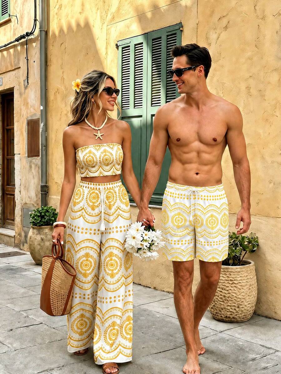 Azuldrift Men's Drawstring Waist Geometric Print Casual Vacation Beach Shorts Holiday / Vacation / Beach / Hawaii / Tropical / Swim / Bathing - Light Yellow - View 1