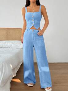 SHEIN EZwear 女款夏季休閒淺藍色方領鈕扣背心＋寬鬆寬腿長褲兩件套 度假穿搭 - 藍色 - 查看 5