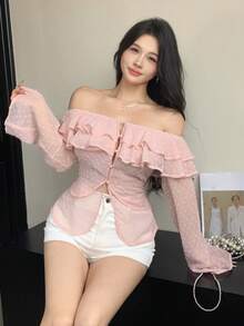 Joudiya 女款優雅粉色雪紡露肩長袖上衣，附荷葉邊飾，適合夏季婚禮、宴會、派對及正式場合外出的上衣 - 粉色 - 查看 9