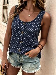 EMERY ROSE Plus Size Women's Polka Dot Contrast Color Round Neck Button Camisole, Round Neck Button Strap Vest Top Suitable For Casual Daily Wear - Multicolor - View 4