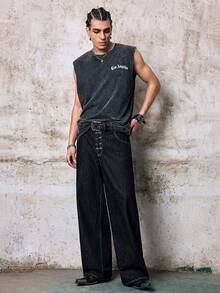 Skyrend 1件 Infinite Jeans 个性化设计飞机扣牛仔裤，男士休闲宽松直筒牛仔裤，日系街头风，宽松版型，做旧水洗（不含腰带和配饰） - 黑色 - 查看 3