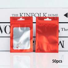 50pcs Pink Packaging Bags, Clear Display Bags For Hanging Accessories, Self-Sealing Bags For Cables, Cosmetics, Holographic Packaging Bags - red - View 5