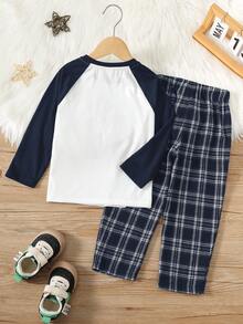 SHEIN Kids Young Boy Cartoon Penguin Pattern Colorblock Raglan Sleeve T-Shirt And Plaid Pattern Long Pants Casual Comfortable Loungewear Pajama Set 2pcs - Navy Blue - View 2
