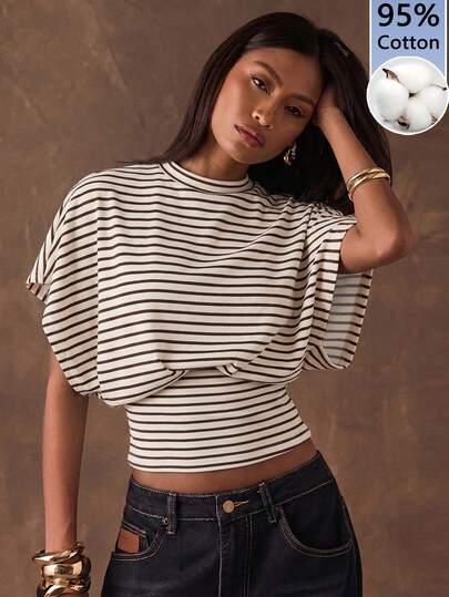 SHEIN BAE Women 95% Cotton Brown-White Striped Casual T-Shirt, Batwing Sleeve, Vacation, Commute, Beach.